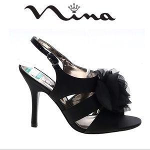 NINA BLACK SATIN STRAPPY SLINGBACK HEELS SIZE 8.5 CARLINA
